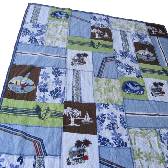 Pottery Barn Aloha Surf Twin Patchwork Quilt & Sham Kayak Blue Hawaii California - Picture 5 of 8